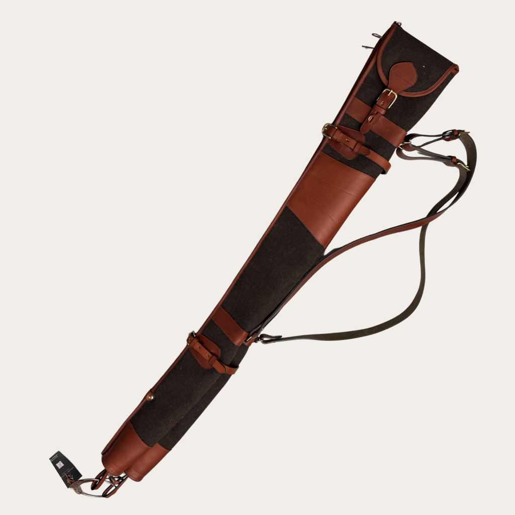 Double Housse de Fusil rabat - toile/cuir (100 cm, Supportlo Camel, Taupe Chiné, Pas d'initiales, chiffres)